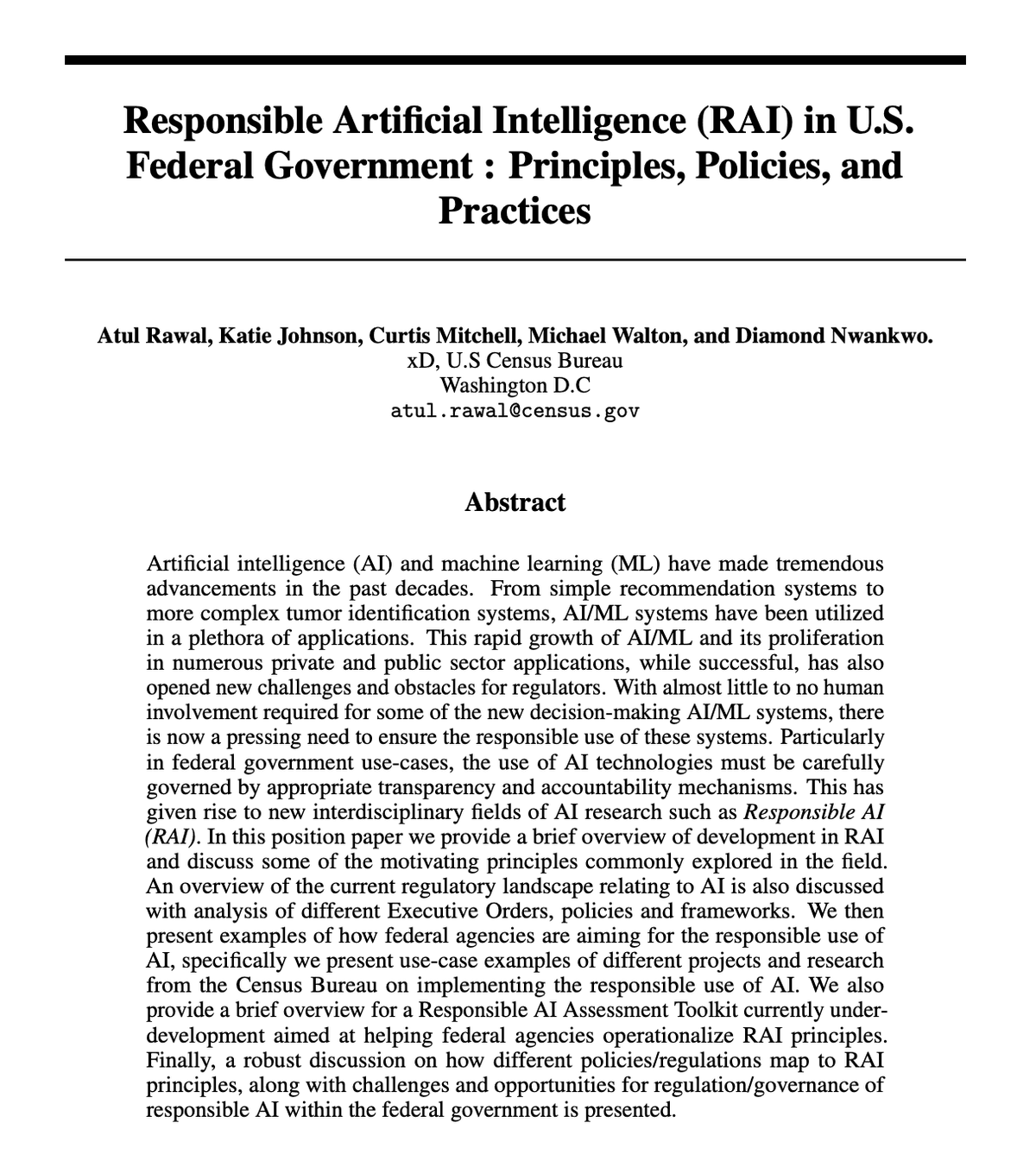 Responsible Artificial Intelligence (RAI) in U.S. Federal Government : Principles, Policies, and Practices